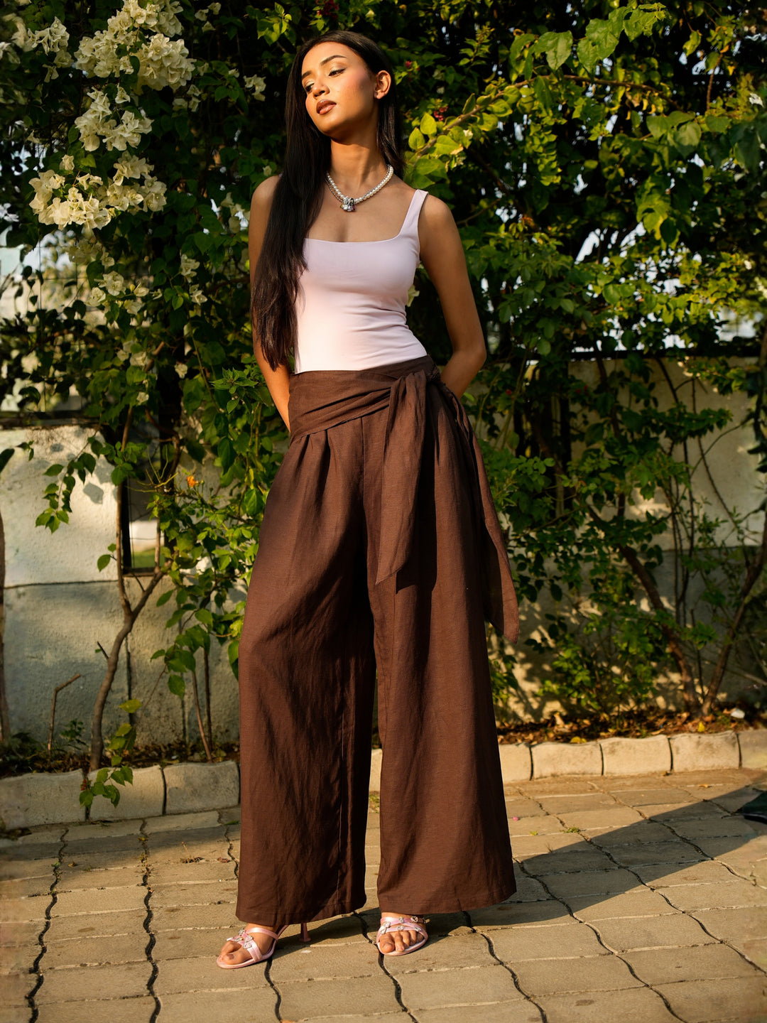 Brown Linen Wide Pants