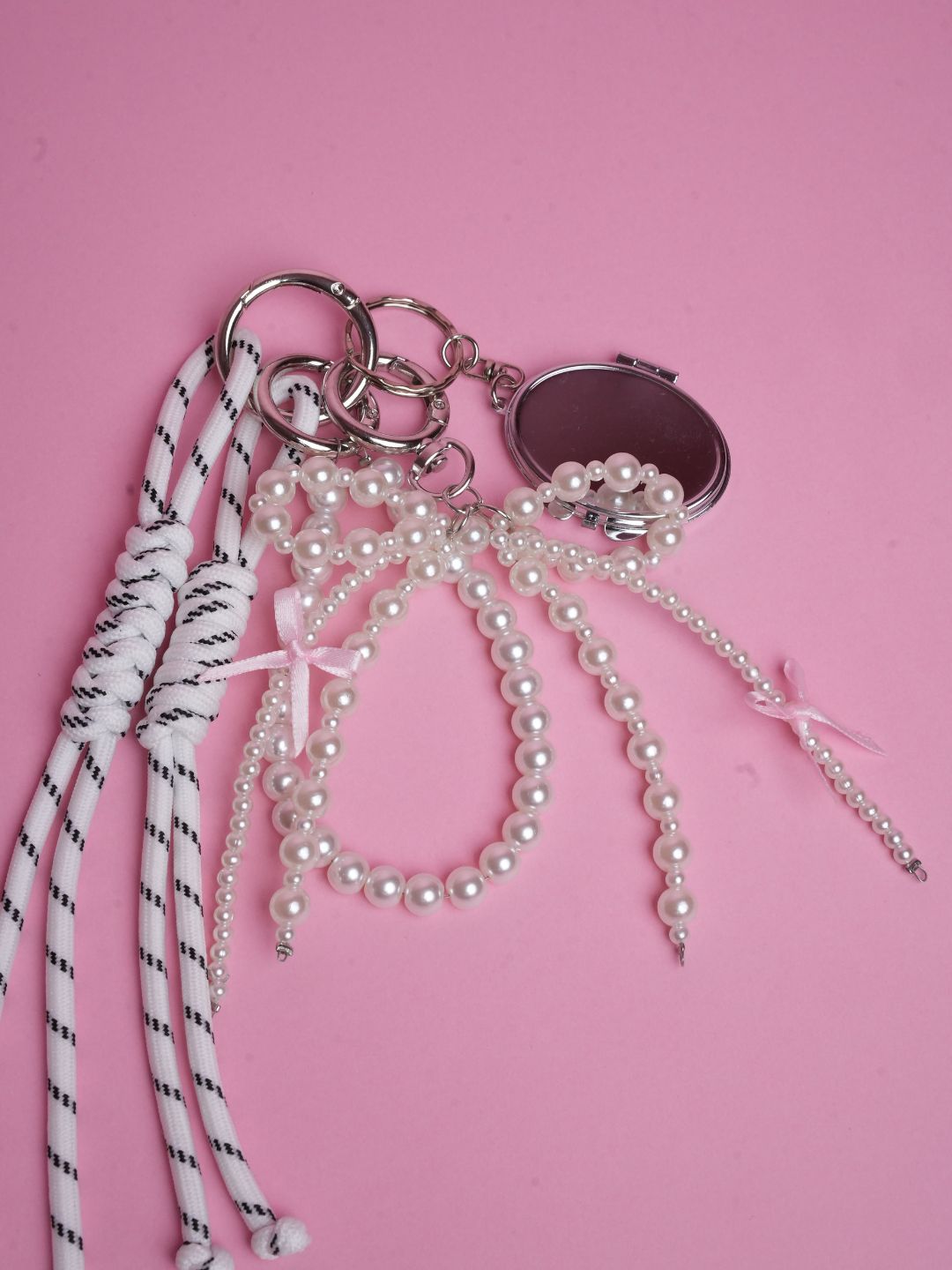 Elegant Pearl Bag Charm with Mini Mirror & Ribbons