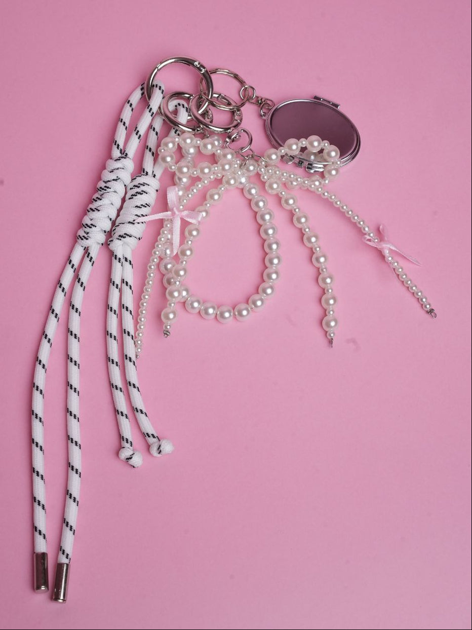 Elegant Pearl Bag Charm with Mini Mirror & Ribbons