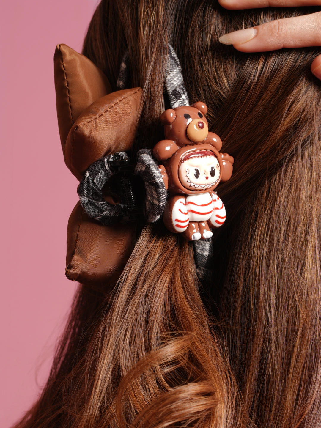 Brown Bow Hair Claw with Cute labubu