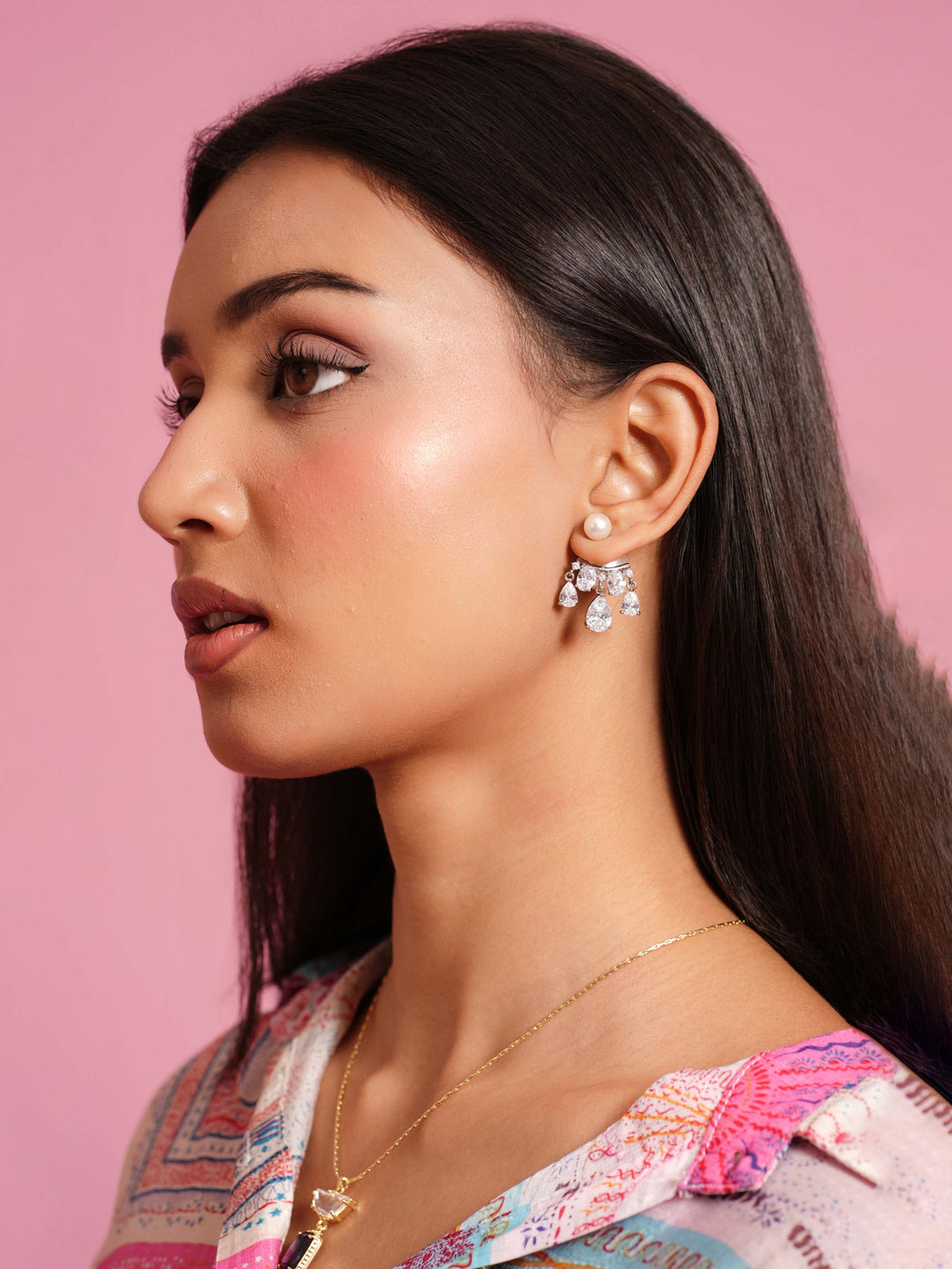 Pearl Stud Earrings with Crystal Drop