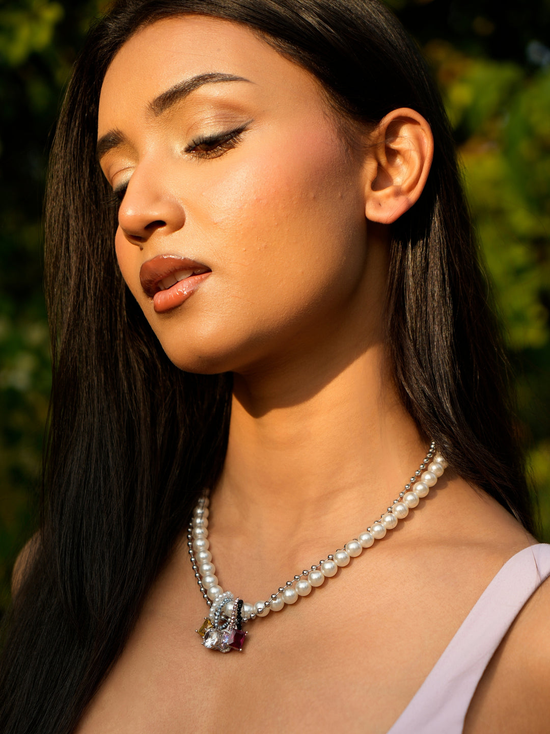 Pearl Necklace with Multicolour Charm Pendant
