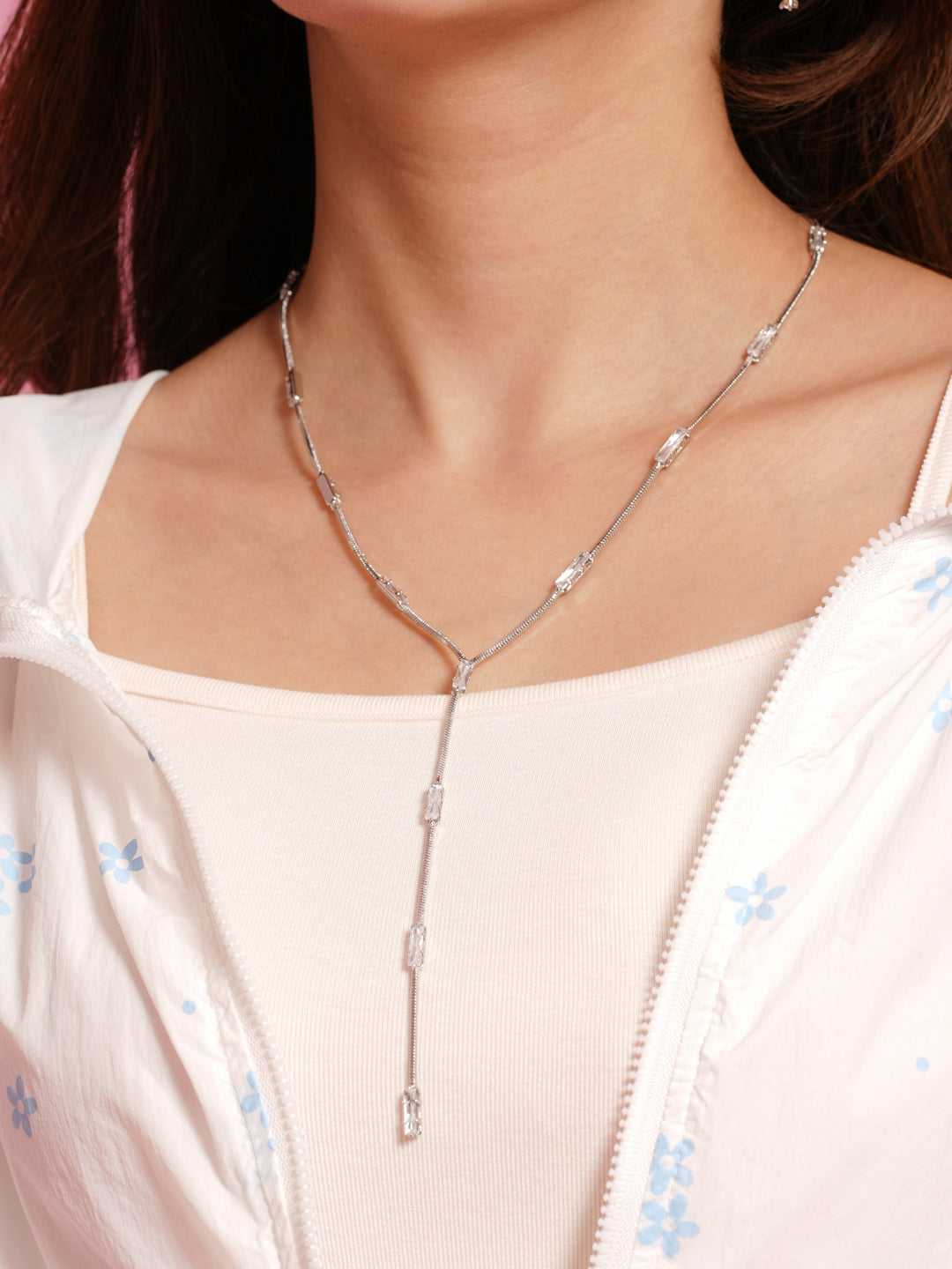 Silver Crystal Y-Drop Necklace