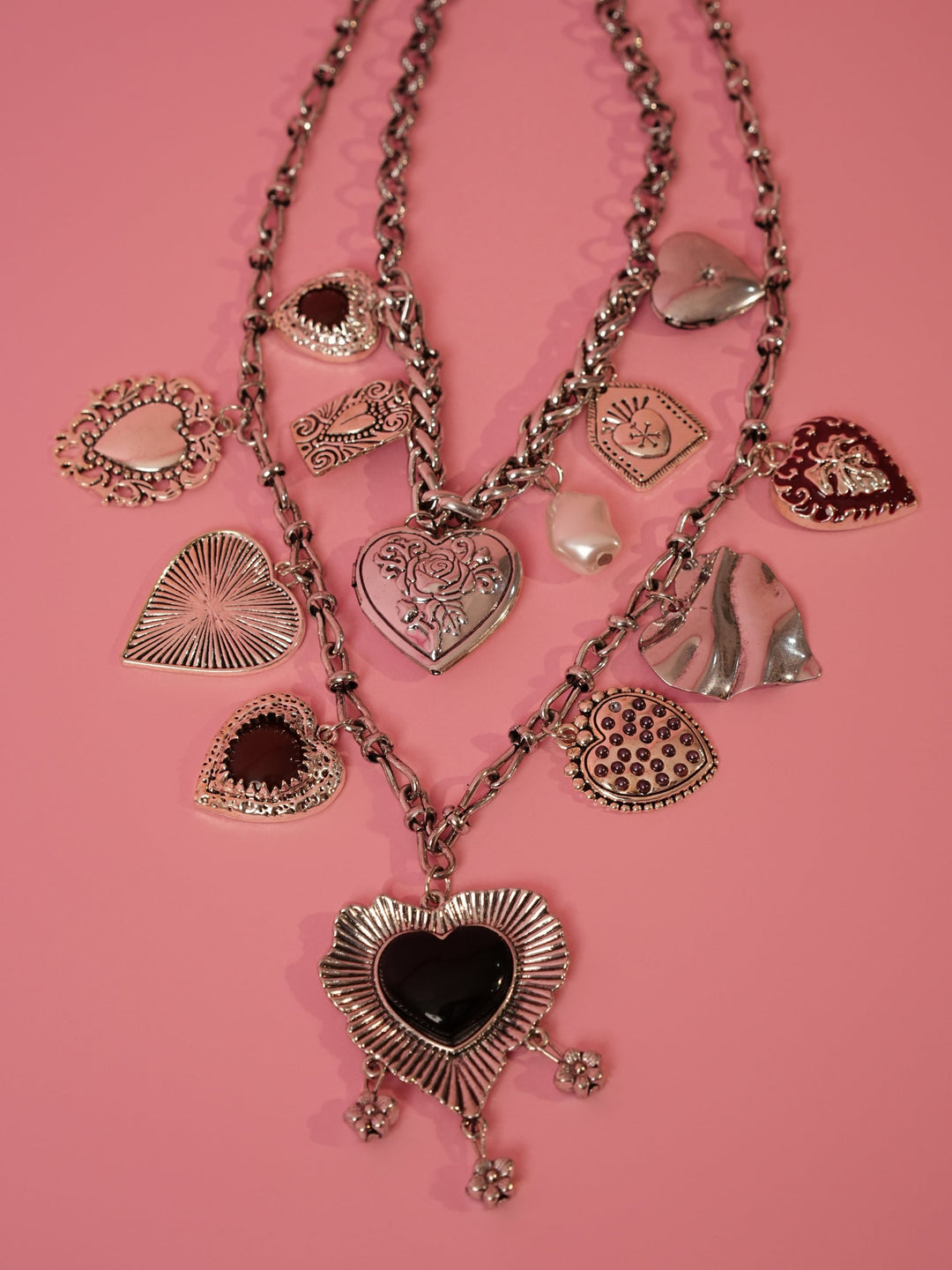 Silver-Tone Multi Heart Charm Statement Necklace