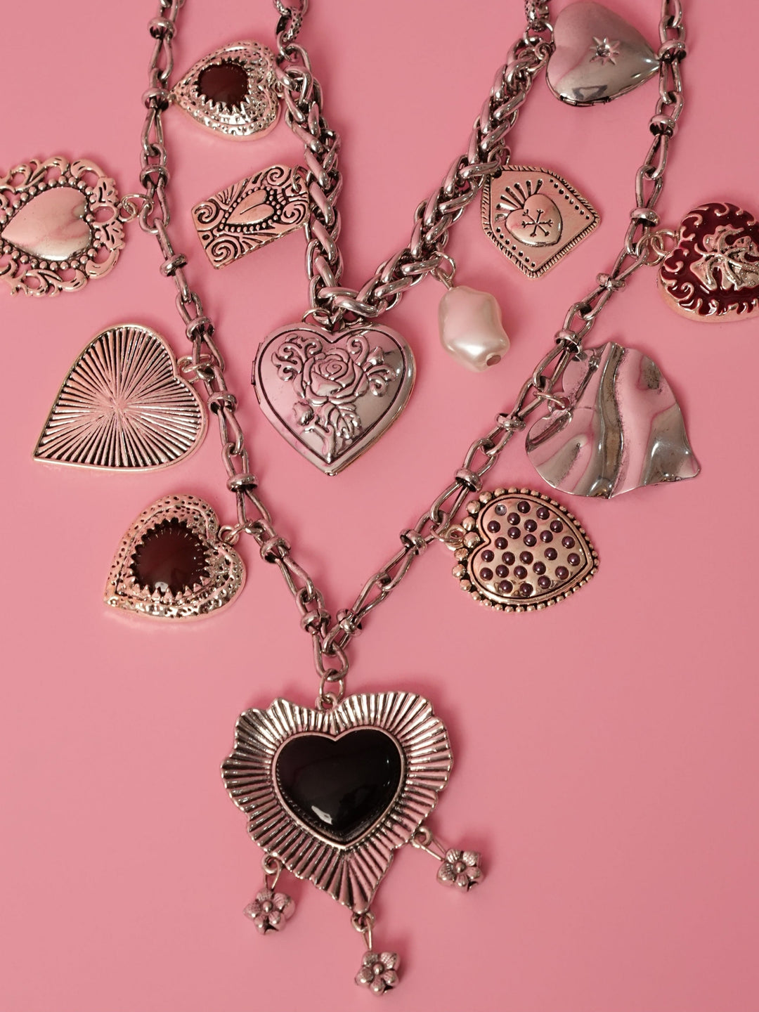 Silver-Tone Multi Heart Charm Statement Necklace