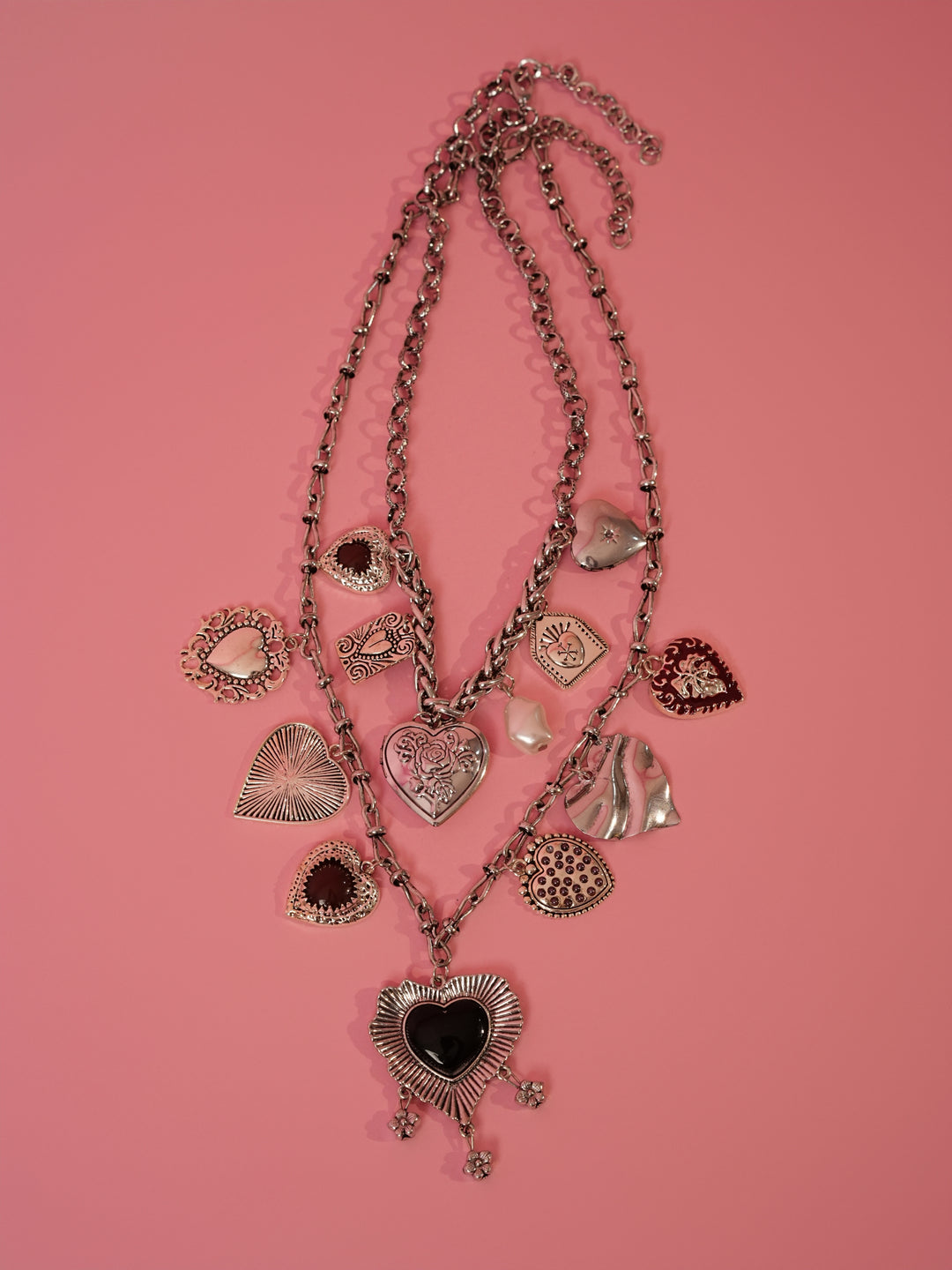 Silver-Tone Multi Heart Charm Statement Necklace