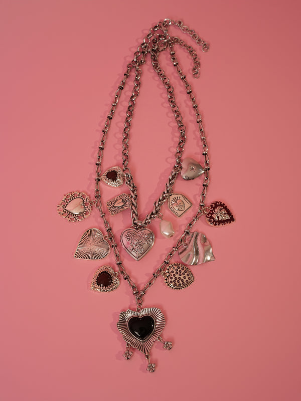 Silver-Tone Multi Heart Charm Statement Necklace