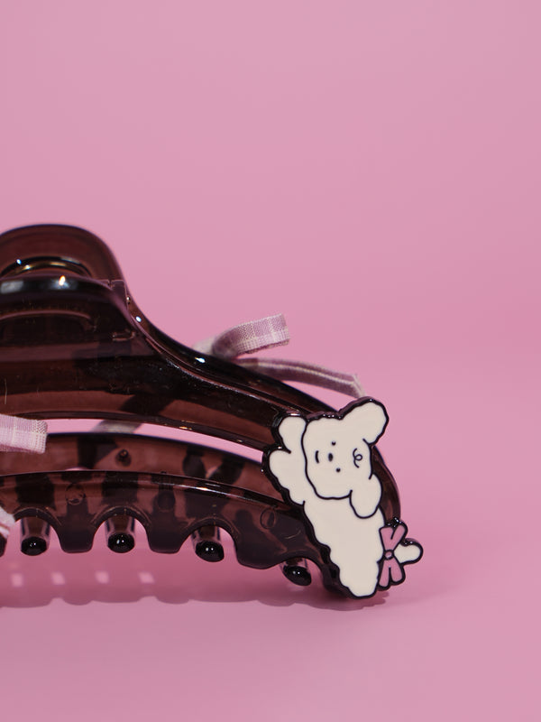 Black Hair Claw with Pink Bow & Cute Bear