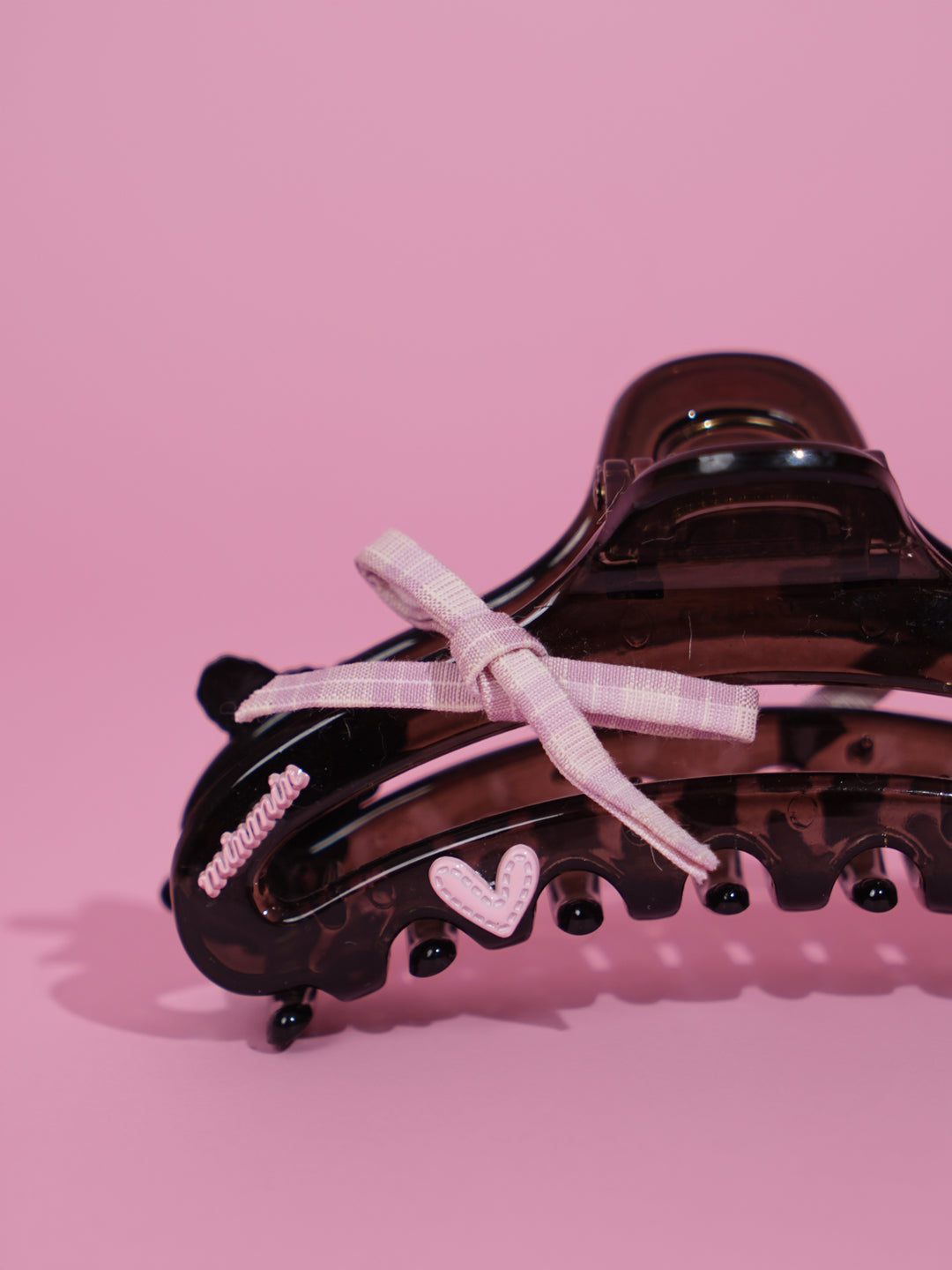 Black Hair Claw with Pink Bow & Cute Bear