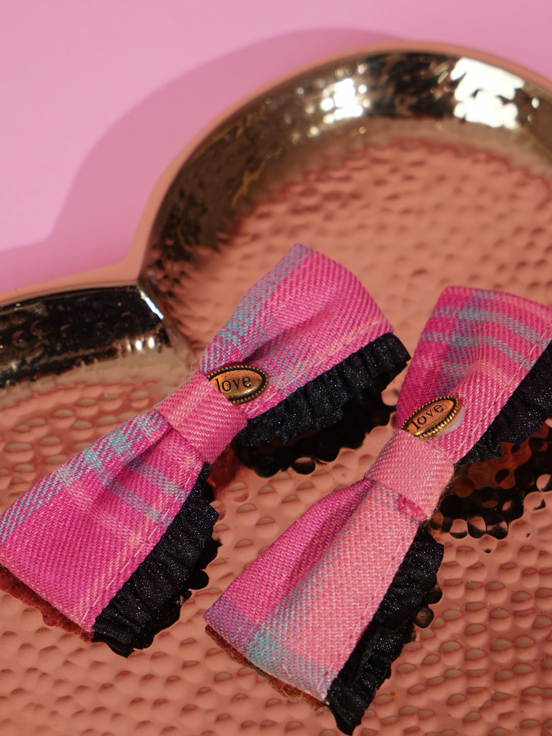 Elegant Plaid Fabric Hair Clips – Pink & Black Set of 2