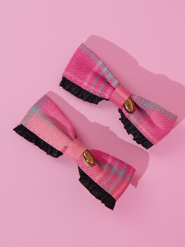 Elegant Plaid Fabric Hair Clips – Pink & Black Set of 2