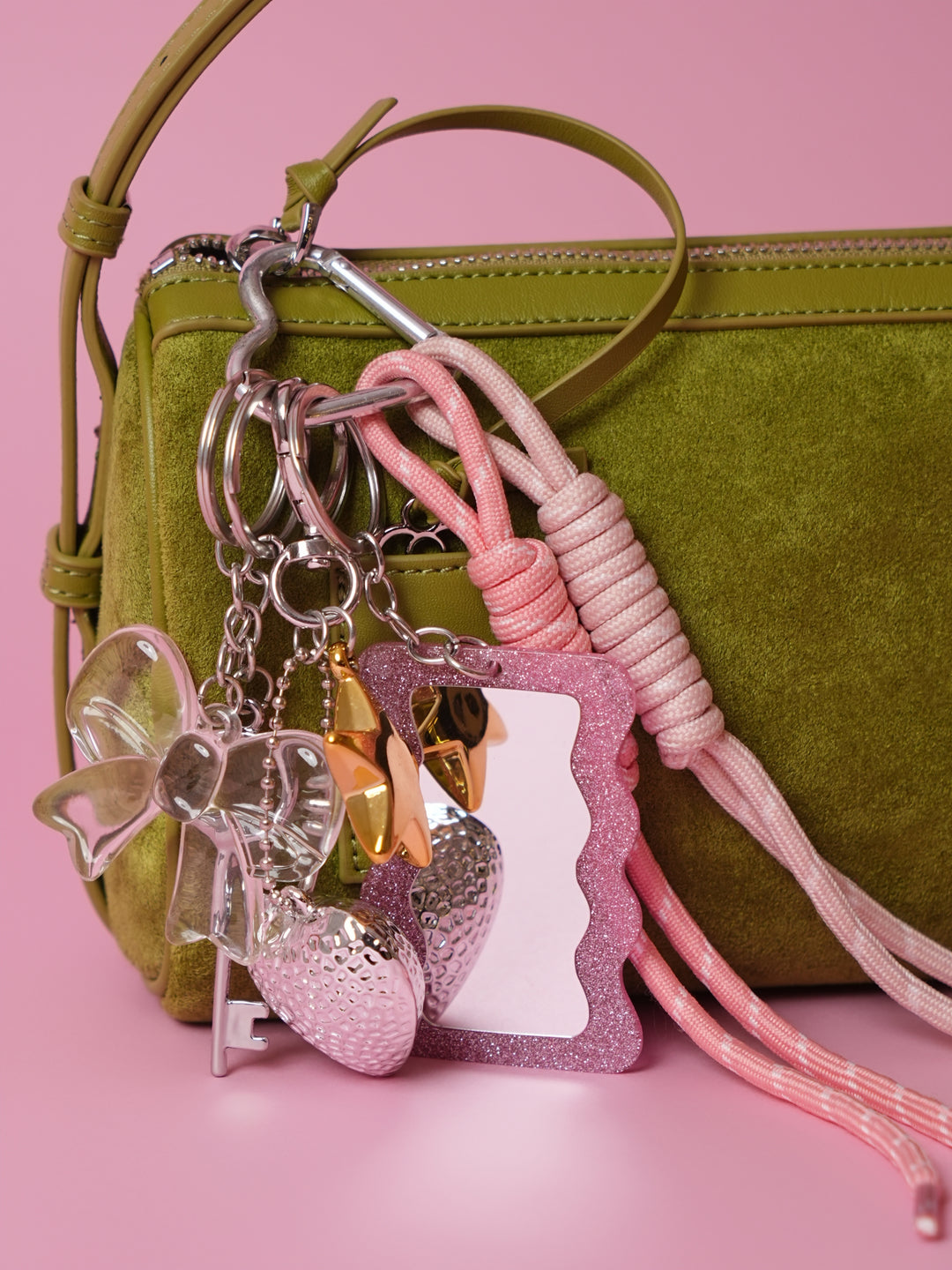 Pink Mirror Bag Charm- Star, Bow & Heart Design