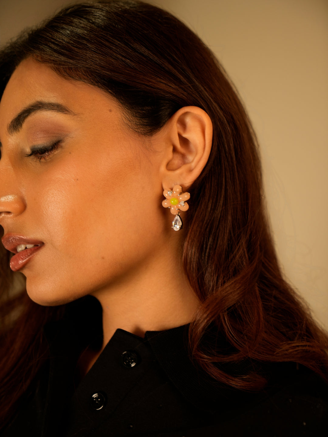 Floral Drop Earrings with Crystal Pendant