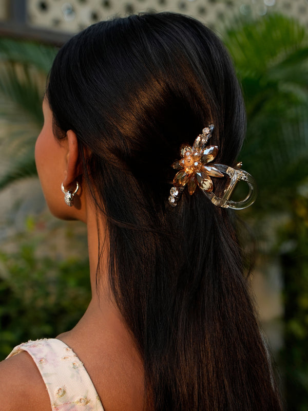 Golden Crystal Flower Hair Claw