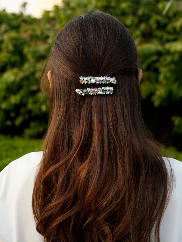 Multicolor crystal hair clips (Set of 2)