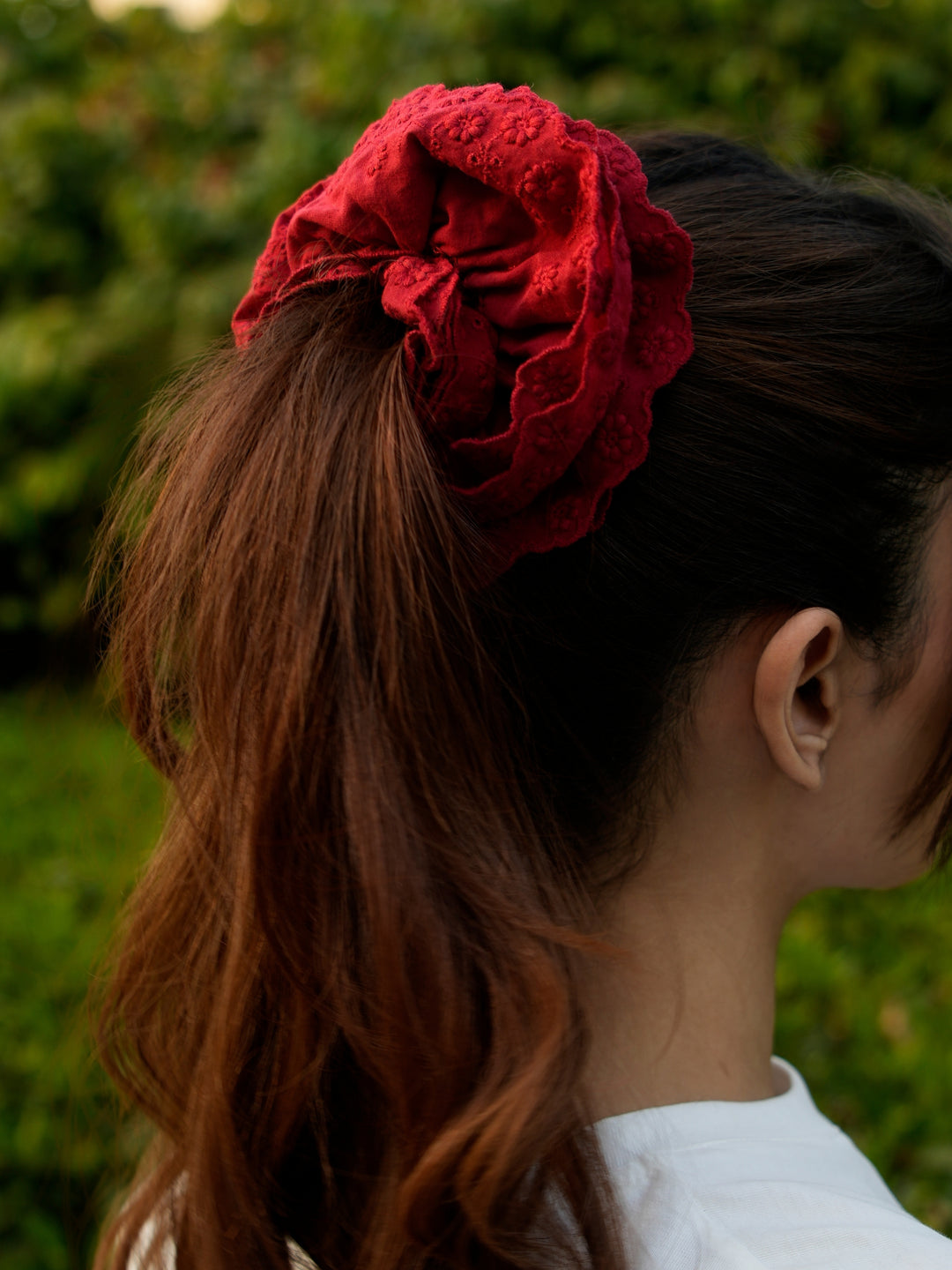Red Embroidered Hair Scrunchie