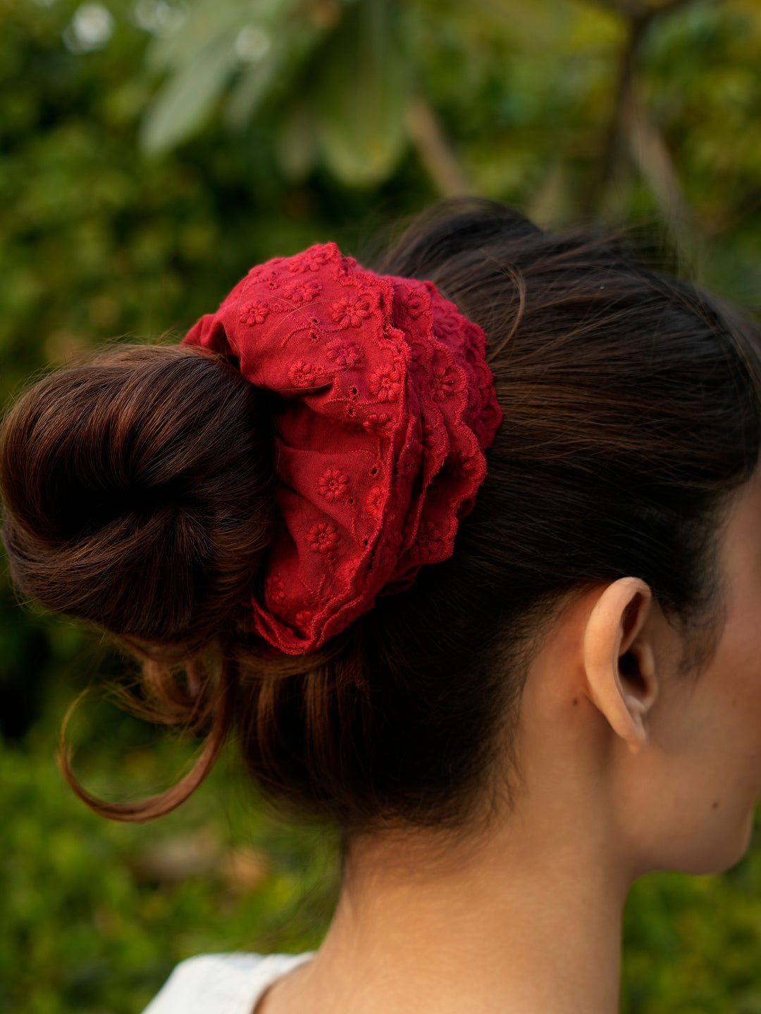 Red Embroidered Hair Scrunchie