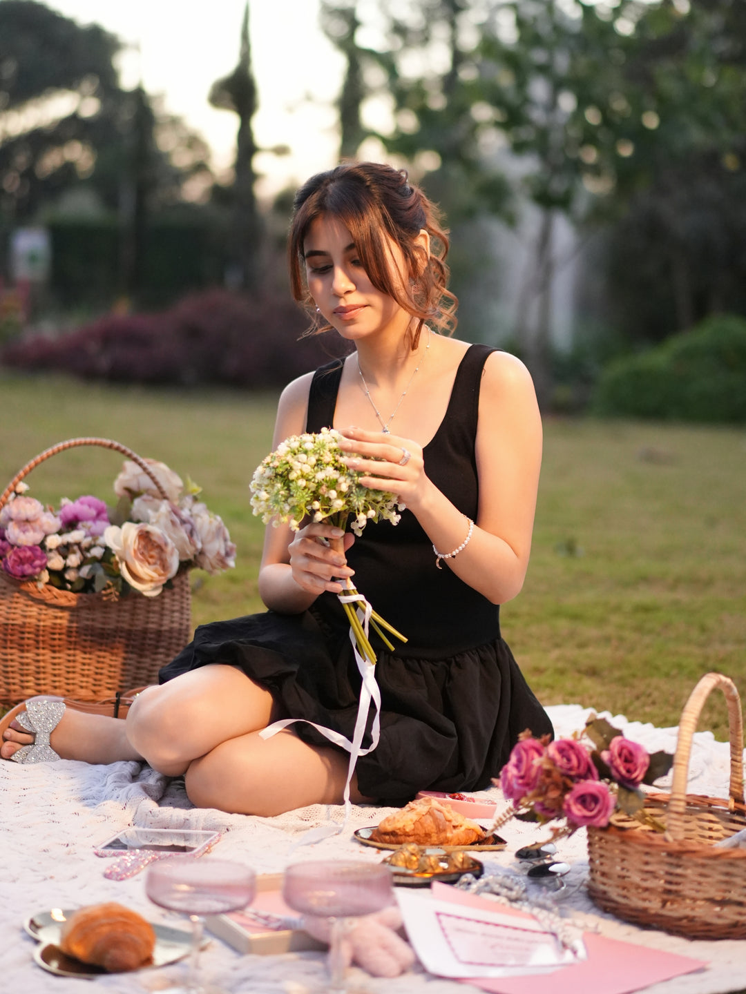 Black puffball cami mini dress