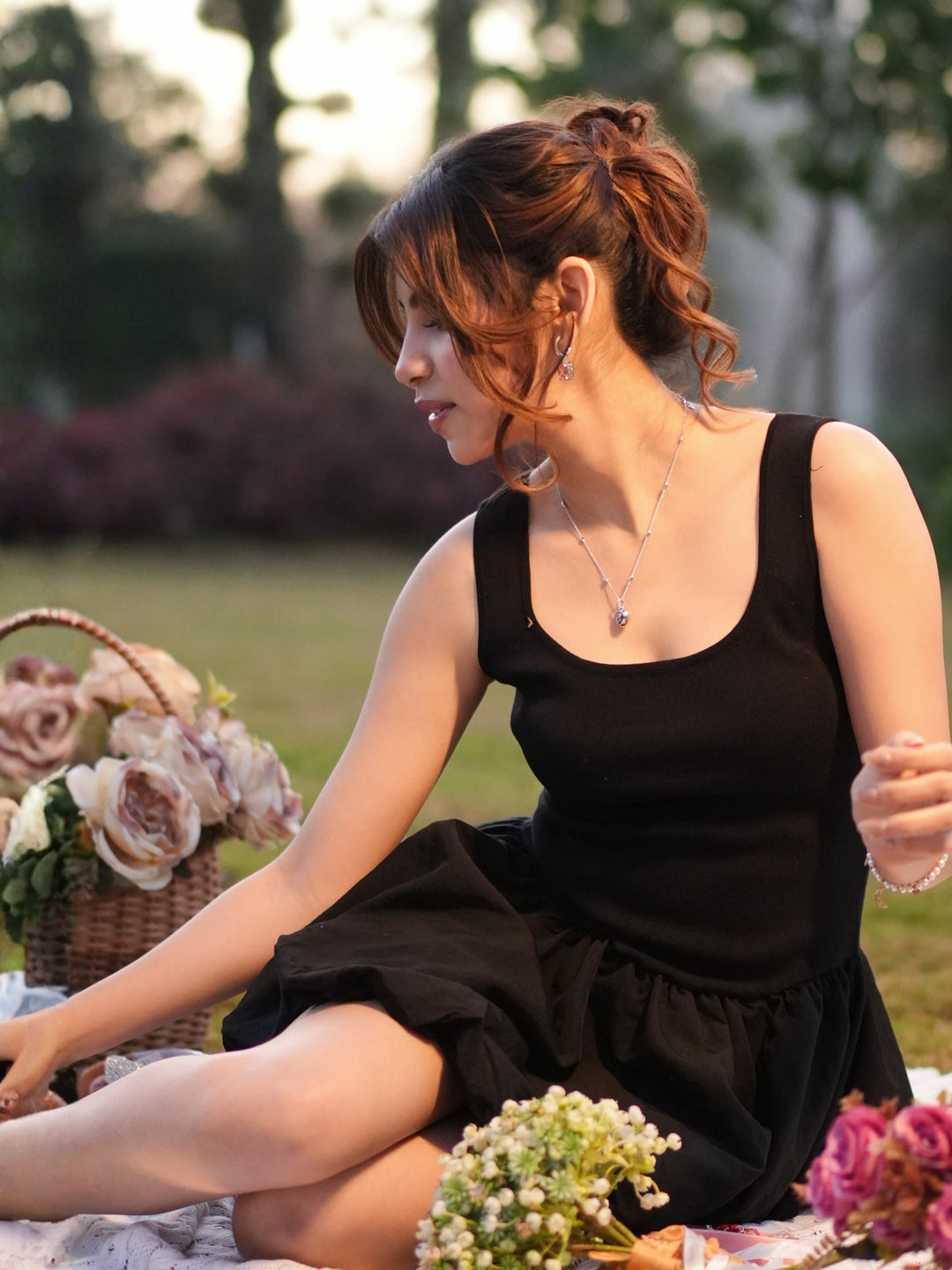 Black puffball cami mini dress