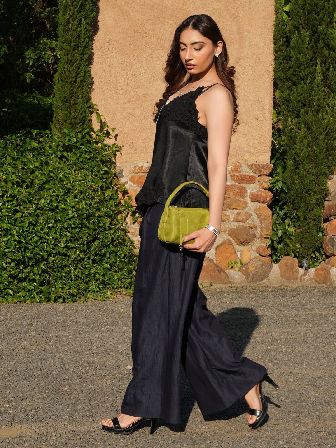 Olive Green Suede Shoulder Bag with Key Charm