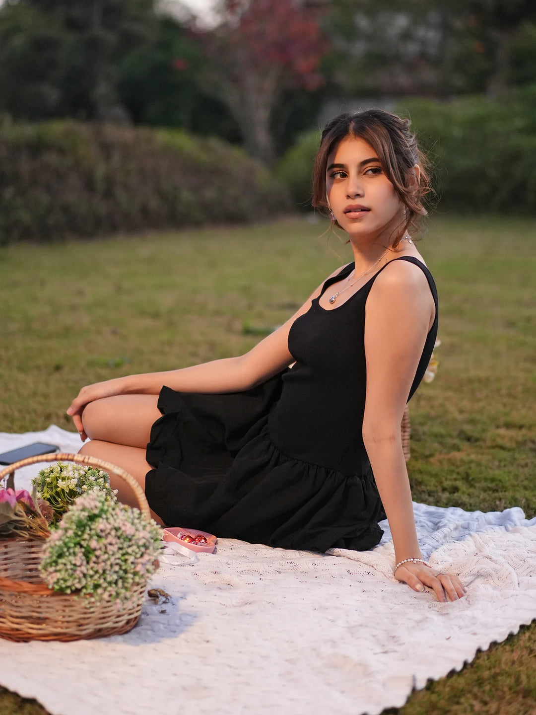 Black puffball cami mini dress