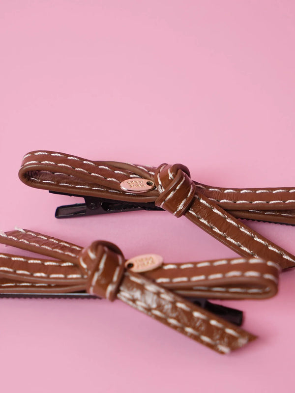 Brown Leather Knot Hair Clips – Set of 2