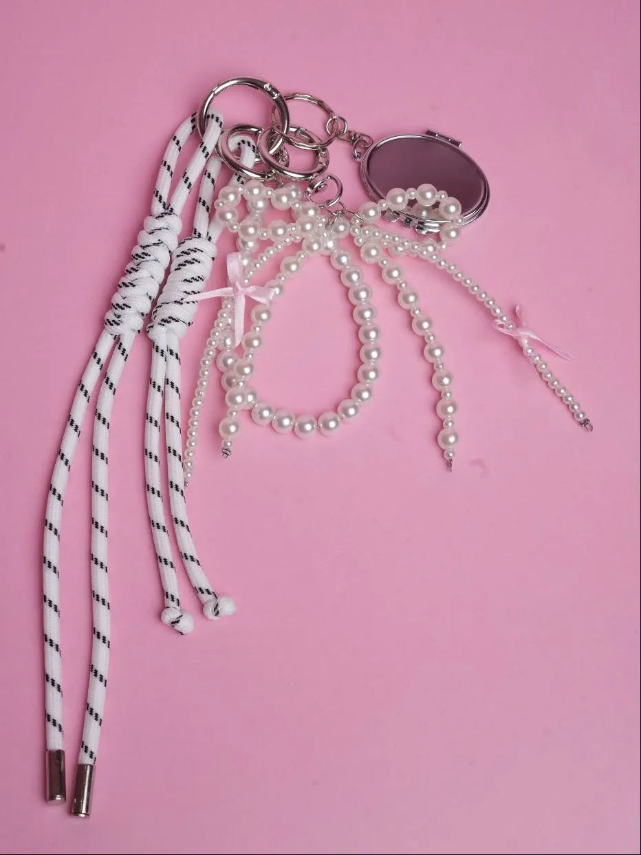 Elegant Pearl Bag Charm with Mini Mirror & Ribbons