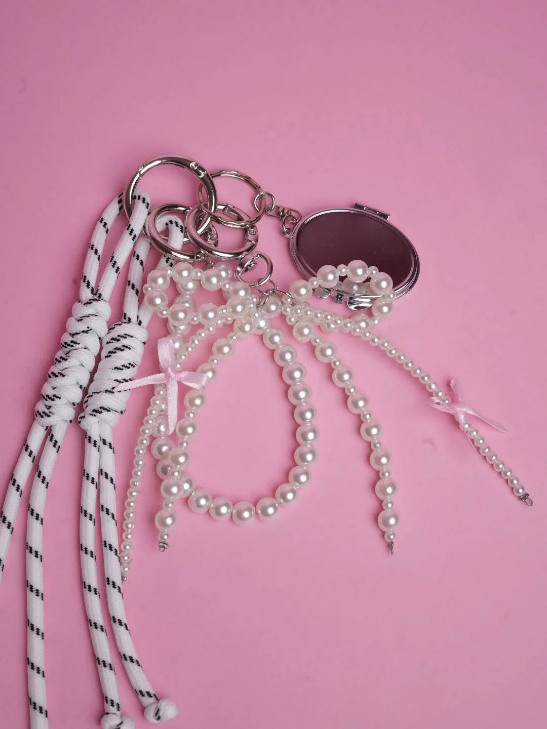 Elegant Pearl Bag Charm with Mini Mirror & Ribbons