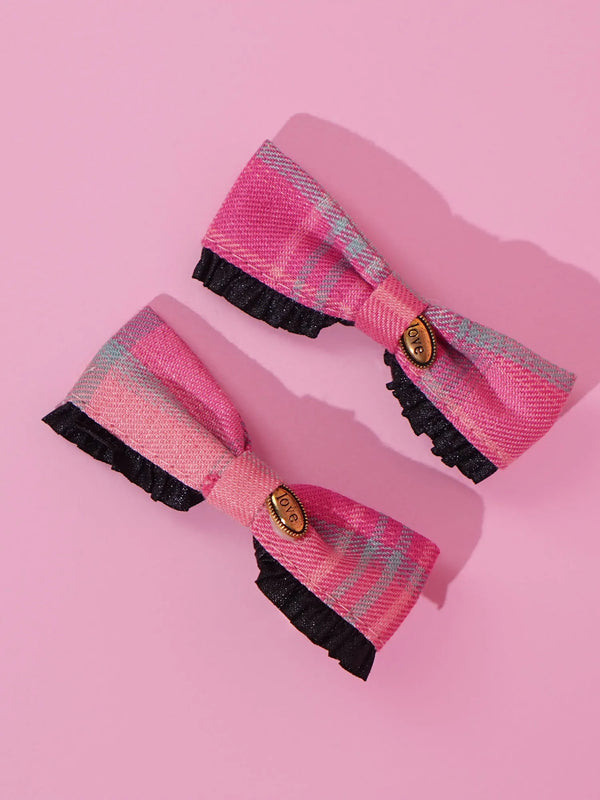 Elegant Plaid Fabric Hair Clips – Pink & Black Set of 2