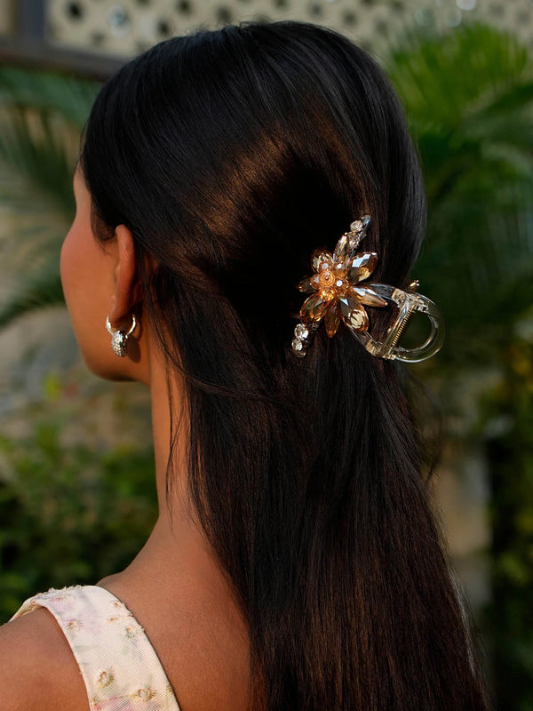 Golden Crystal Flower Hair Claw