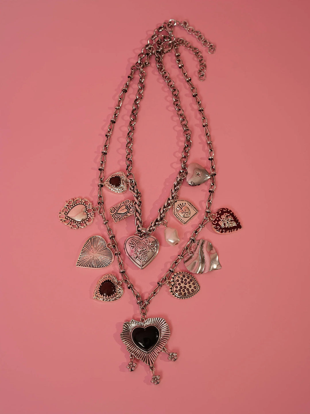Silver-Tone Multi Heart Charm Statement Necklace
