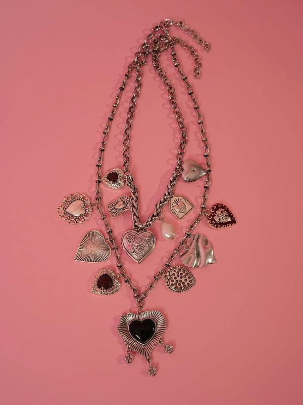 Silver-Tone Multi Heart Charm Statement Necklace