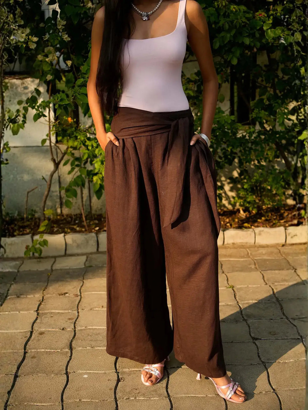 Brown Linen Wide Pants