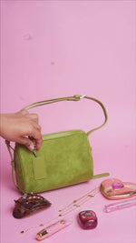 Load and play video in Gallery viewer, Olive Green Suede Shoulder Bag with Key Charm
